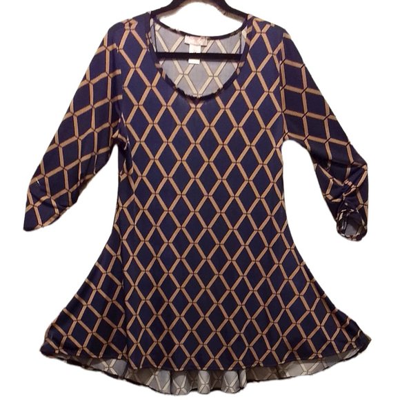 Blue Tan Diamond Print Hi-Lo Tunic Sz Large not 2X - Picture 2 of 7